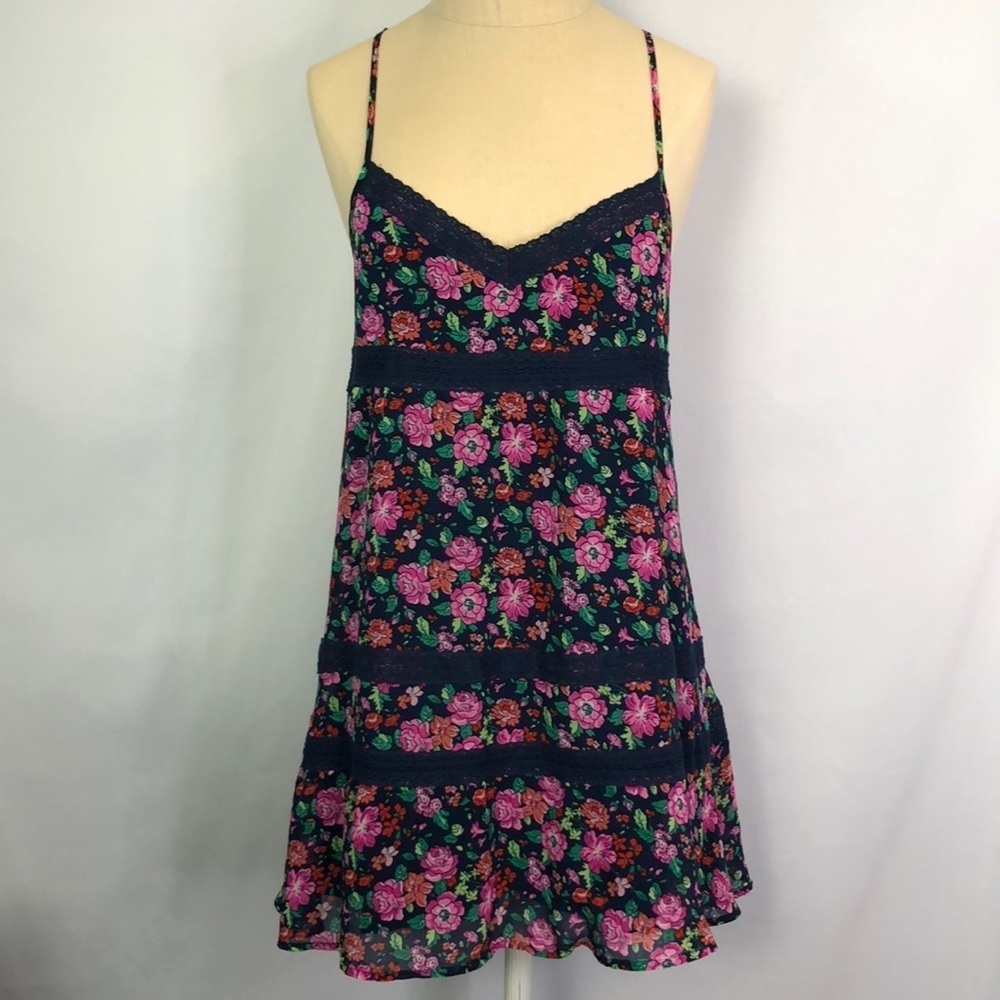 Abercrombie & Fitch Women Pink Navy Floral Mini A-Line Lace Tiered Dress Size S